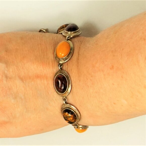 Multi Amber And 925 Silver Link Bracelet 7" - Unisex Amber Jewelry Gift - Picture 12 of 13